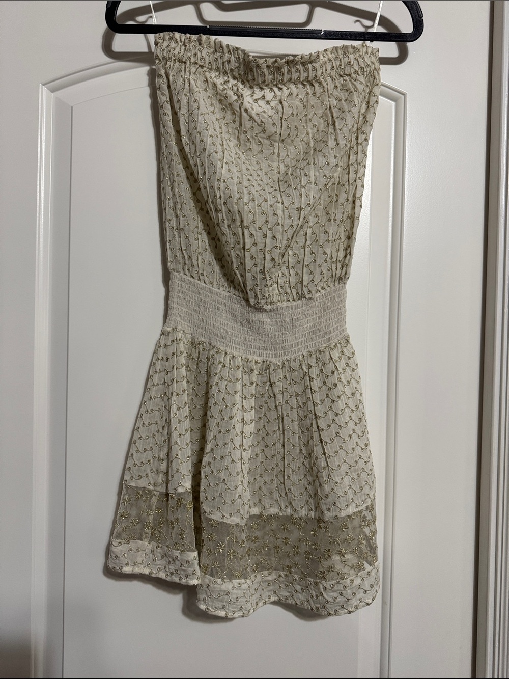 Ramy Brook Cream strapless dress  with Gold Embroidered Swirls